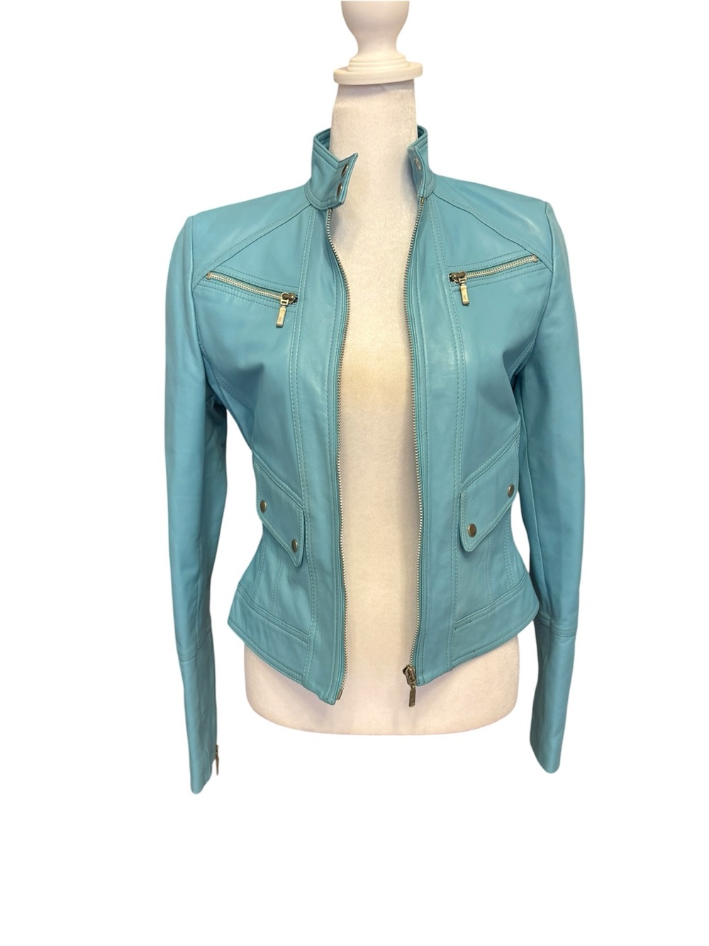 Cache 100% Leather Sky Blue Moto Jacket | Women’s Size 4
